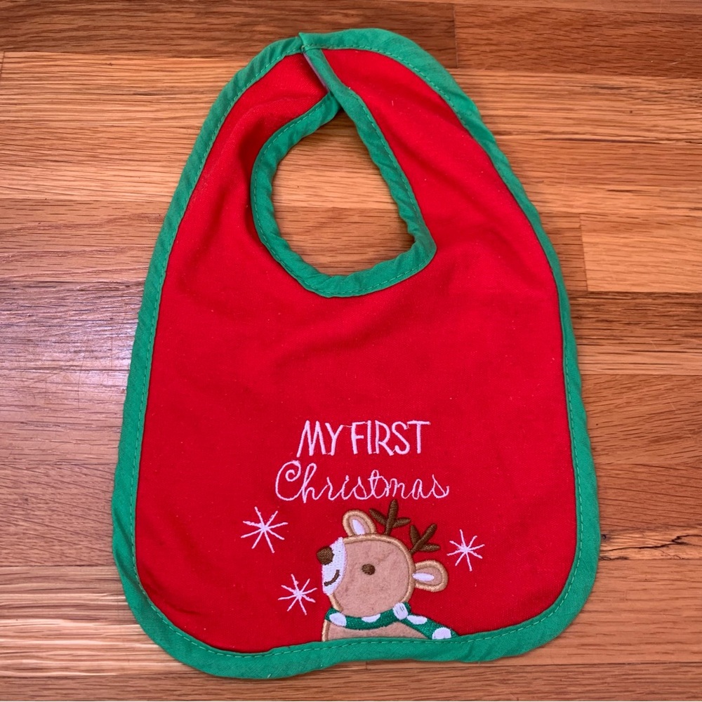 Baby Bib My First Christmas Baby Bib Reindeer Red Green Snow